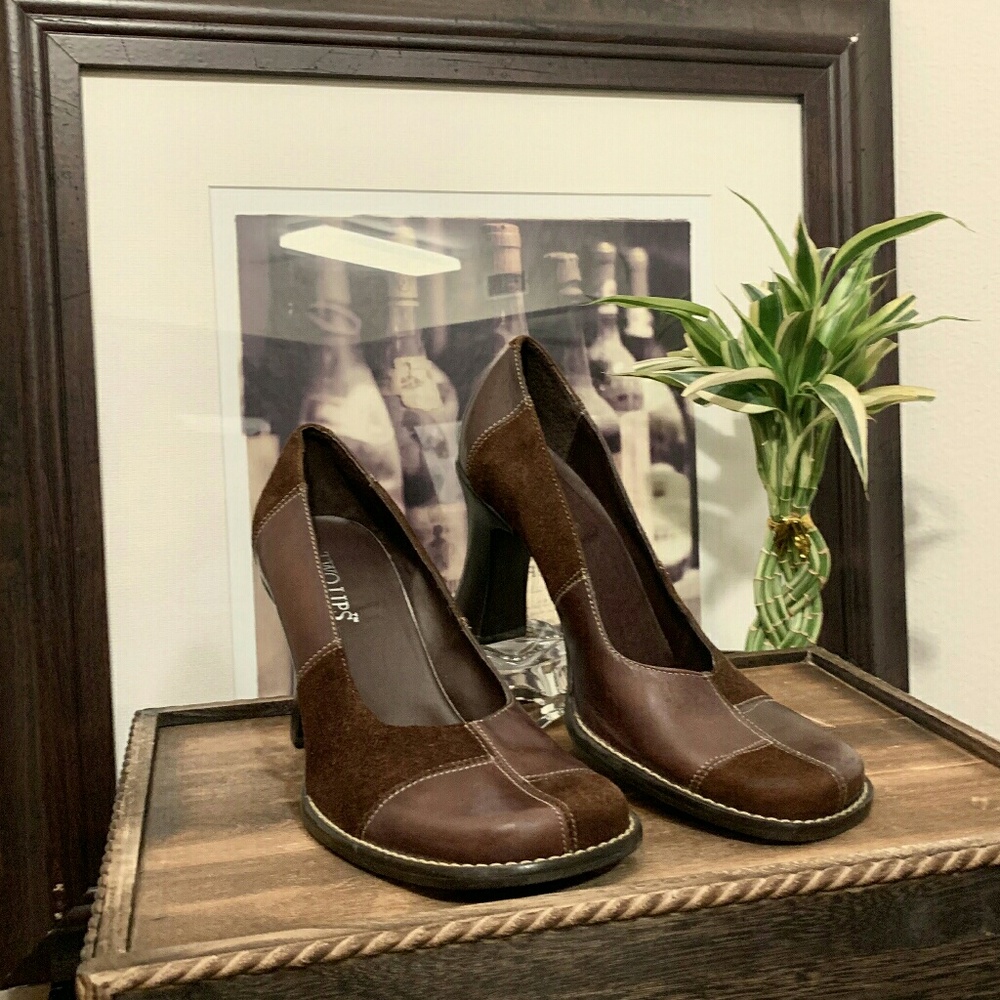 Two Lips square toe chocolate brown heels